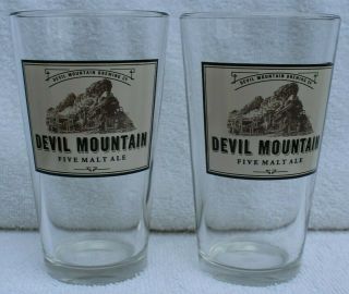 Set Of 2 Vintage Devil Mountain Brewing Co Five Malt Ale Beer Bar Pint Glasses