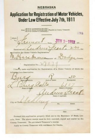 1911 Nebraska Burg Car Motor Vehicle Automobile Registration Application