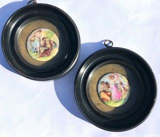 2 X Antique Miniature Picture Frames Each With Porcelain Classical Plaques