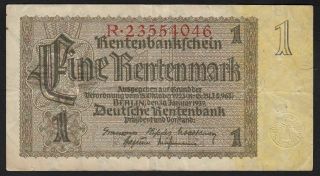 1937 1 Rentenmark Germany Vintage Nazi Old Money Banknote 3rd Reich Currency Vf