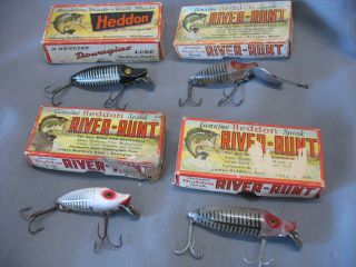4 Vintage Heddon River Runt Spook Fishing Lures W/ Heddon Boxes