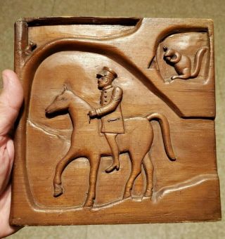 Antique Folk Art Carved Wood Panel With Soldier On Horse And Squirrels