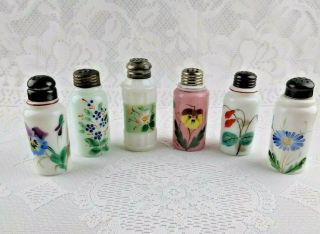 Set Of 6 Vintage (antique?) Hand Painted Floral Milk Glass Shakers Salt Pepper