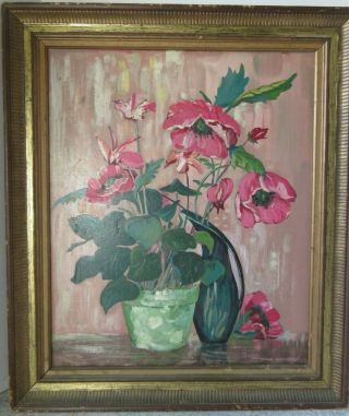 Old Vintage Oil On Board Painting Still Life Poppies & Ewer William Abernethy