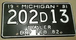 Vintage 1981 Michigan Dealer License Plate State Car Tag 202d13 Wayne Michigan
