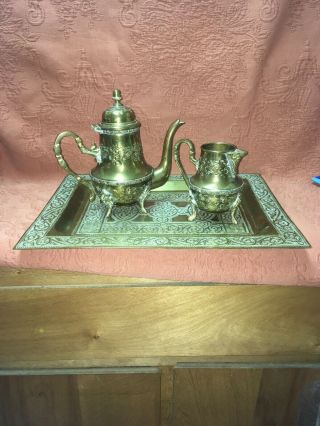 Vintage Antique Moroccan Fes Tea Set Pot,  Creamer,  Tray Abrcation Sba Signed