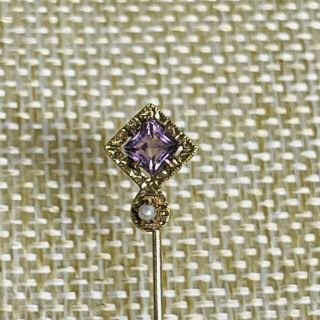 Vintage Antique Art Deco 10k Yellow Gold Purple Stone Seed Pearl Stick Pin