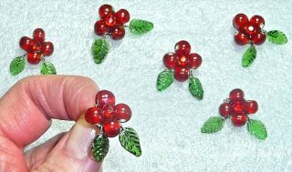 Set: 6 Vintage Hand Wired Red Glass Bead Flower Tack Scatter Pins - Molded Leaves