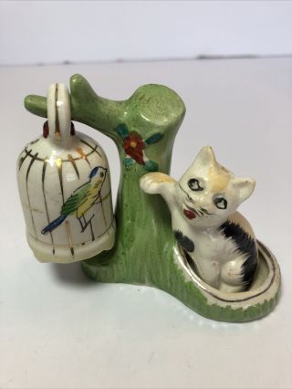 Vintage Cat Trying To Get The Bird In The Cage Salt & Pepper Shakers