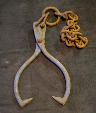 Antique Cast Iron Grab Hook Log Skid Tongs Hook Gripper Blacksmith Made