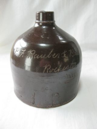Antique Albany Slip Advertising Whiskey Jug P.  F.  Rauber & Bros.  Rochester N.  Y.