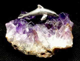 Amethyst Purple Geode Small Rough Cluster w Dolphin Figure Vintage 3