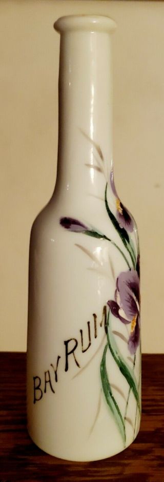 Antique Milkglass " Bay Rum " Painted Iris Flowers Victorian Barber Shop Bottle