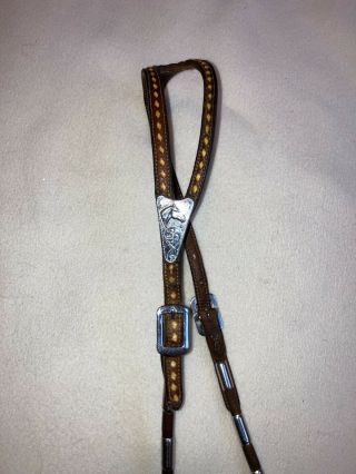 Vintage Buckstitch Leather Western Horse Show Headstall Bridle With Silver