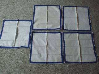 5 Vintage Linen Dinner Napkins,  White With Blue Stripe.  14 " X14 ",  Have Stains