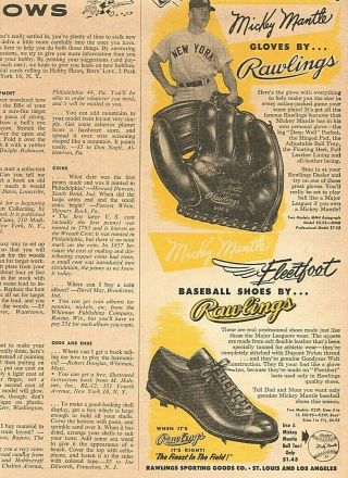 Vintage 1954 Rawlings Baseball Gloves Celebrity Mickey Mantle N.  Y.  Yankees Ad
