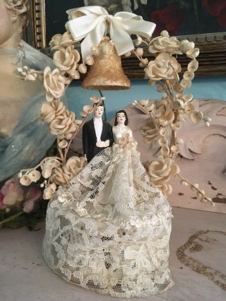 Lovely Antique Wedding Cake Topper Millinery Flowers Lace Figurines D