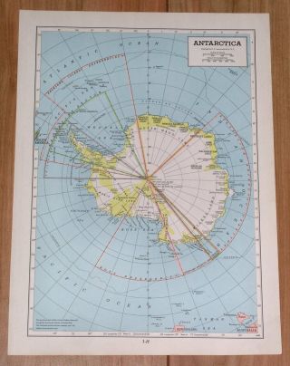 1950 Vintage Map Of Antarctica South Pole Polar / Verso Oceania