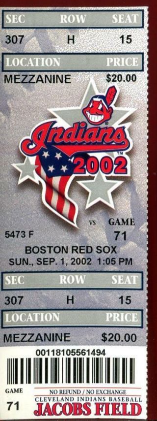 Baseball Ticket Cleveland Indians 2002 9/1 Boston Red Sox