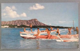 Vintage United Air Lines Waikiki Beach Hawaiian Outrigger Canoe Postcard - Adv
