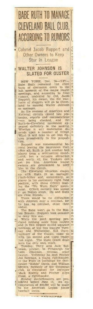 Babe Ruth To Manage Cleveland,  1934 Newspaper Clipping,  2 " X 11 "