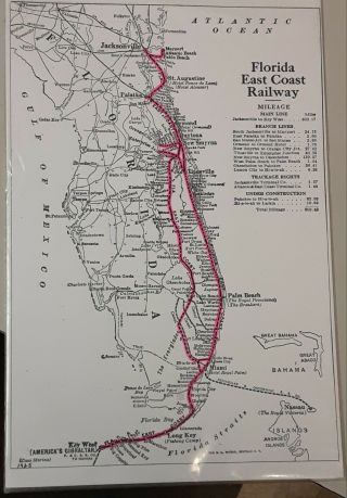 Florida East Coast Railway Track Map From 1925.  Reprint