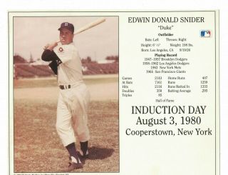 1992 Duke Snider Brooklyn Dodgers Baseball Hof Induction Day Photo Card Ao86