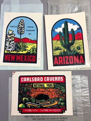 3 1950s Arizona & Carlsbad Caverns Mexico State Travel Decal Souvenir