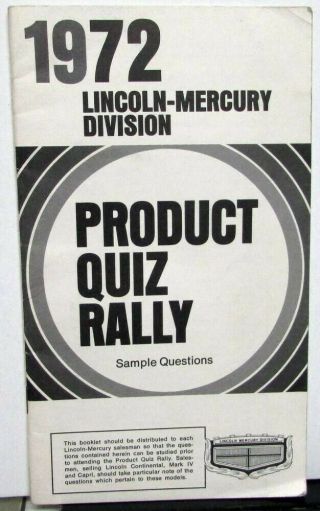 1972 Lincoln Mercury Product Quiz Rally Dealer Salesmen Reference Brochure