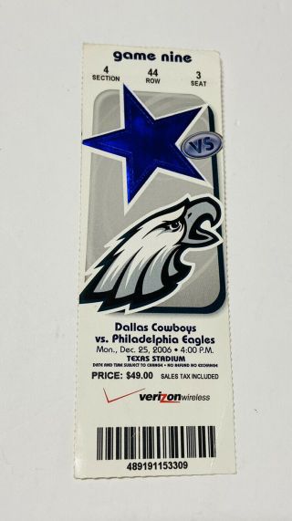 Nfl Dallas Cowboys Vs Philadelphia Eagles Ticket & Stub December 25 2006 Texas