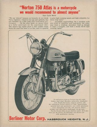 1965 Norton 750 Atlas Vintage Motorcycle Ad Berliner Motor Corp Hasbrouck Height