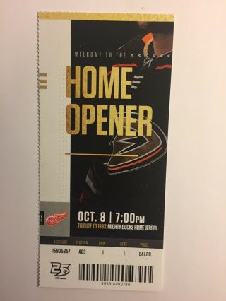 Anaheim Ducks Vs Detroit Red Wings October 8,  2018 Ticket Stub - Home Opener