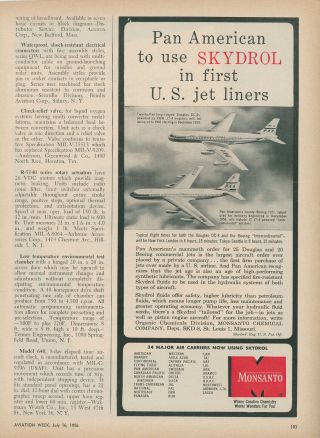 1956 Monsanto Skydrol Aviation Ad Pan American Airways Douglas Dc - 8 Boeing 707