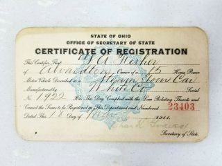 1911 Ohio Certificate Of Registration For Steam Tour Car Made By White Motor Co.