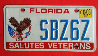 Florida " Salutes Veterans " License Plate - Expired - 10/03,  Collectible