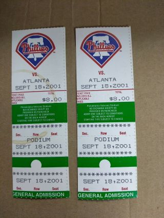 Philadelphia Phillies Vs.  Atlanta Braves 2 Tickets September 18,  2001 Veterans