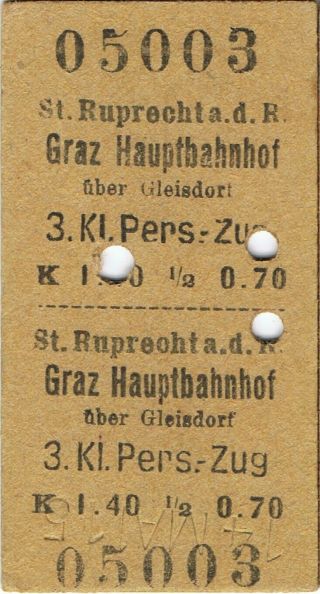 Railway Tickets Austria Sankt Ruprecht An Der Raab Third Class Single 1915