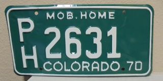Vintage 1970 Colorado Mob Home License Plate Ph 2631 Co Green & White Mobile