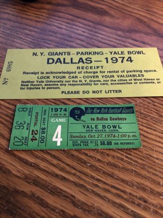 York Giants Vs Dallas Cowboys Yale Bowl Stub & Parking Pass 1974