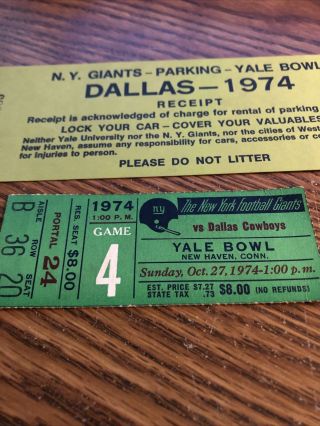 York Giants Vs Dallas Cowboys Yale Bowl Stub & Parking Pass 1974 2