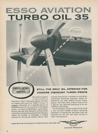 1956 Esso Aviation Ad Turbo Oil 35 Vickers Viscount Turbo Prop Engine Rolls
