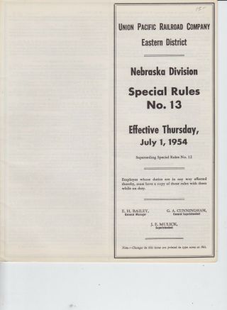 1954 Union Pacific Railroad Ett Special Rules 13 Nebraska Division