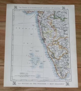 1921 Vintage Map Of British India Mumbai Bombay Goa Madras Maharashtra