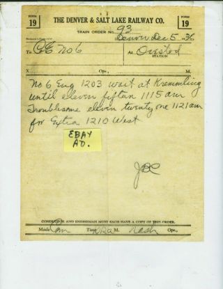 Denver & Salt Lake Railway Train Order From Orestod,  Colorado 12 - 5 - 1936.