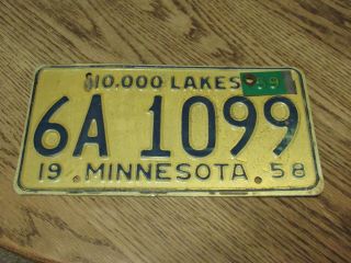 1958 Minnesota License Plate 6a 1099 With 1959 Tag,  10,  000 Lakes (fc2 - 4)