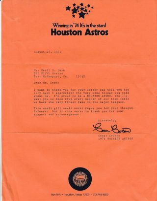 1974 Houston Astros,  Cesar Cedeno,  Signed Letter On Astros Stationary.