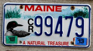 Maine " A Natural Treasure " License Plate With A Red - Eyed Loon - 2013 Sticker