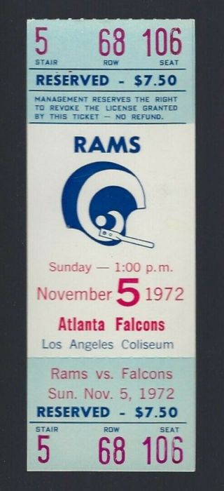 Vintage 1972 Nfl Atlanta Falcons @ Los Angeles Rams Full Football Ticket
