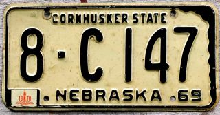1969 Black On White Nebraska License Plate 8 = Hall County With A 1970 Sticker