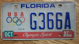 Single Florida License Plate - 1997 - G366a - Olympic Spirit - Usa Olympics